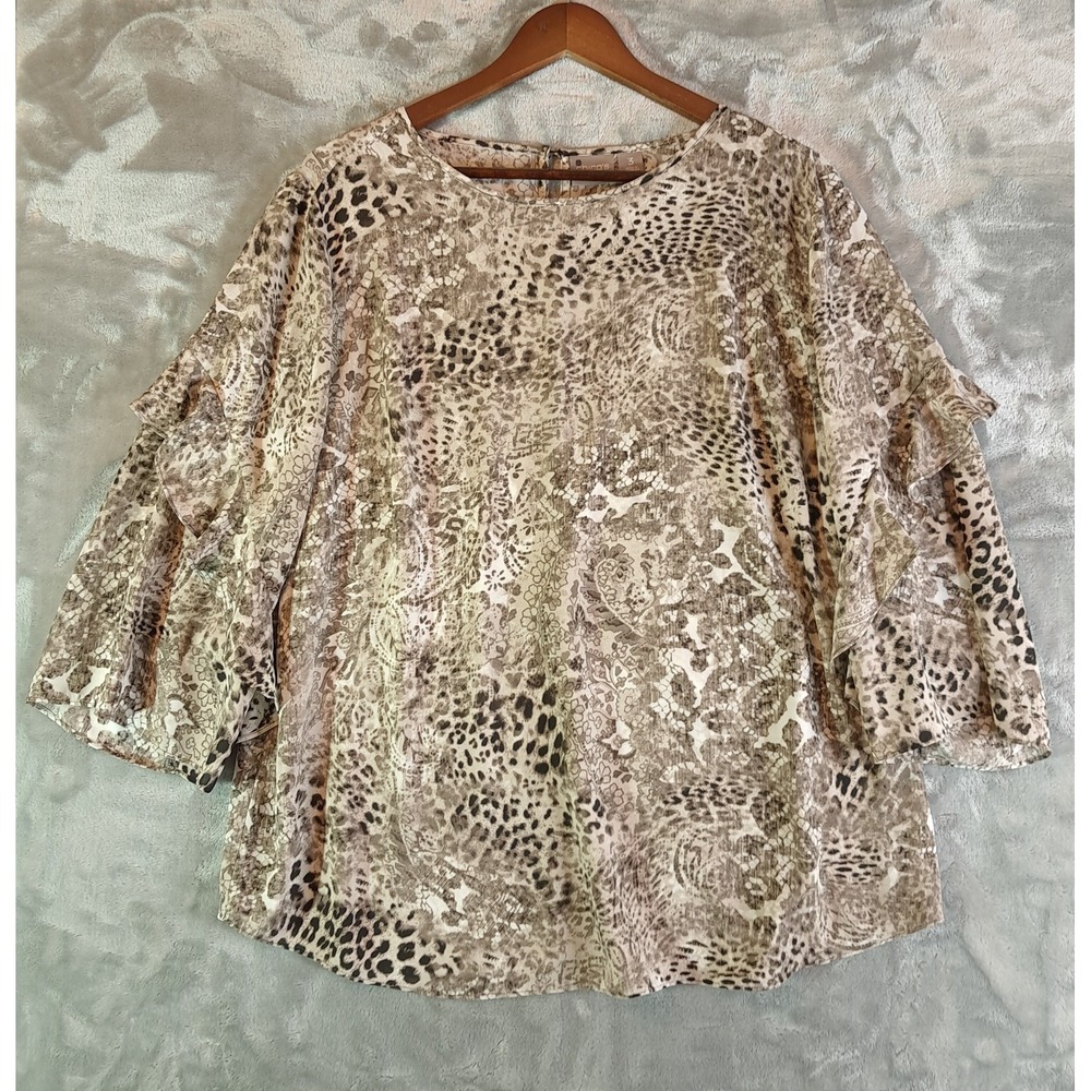 Chico's Size 3 XL 16 Blouse Animal Print Paisley Ruffle Tiered Sleeve Top Beige